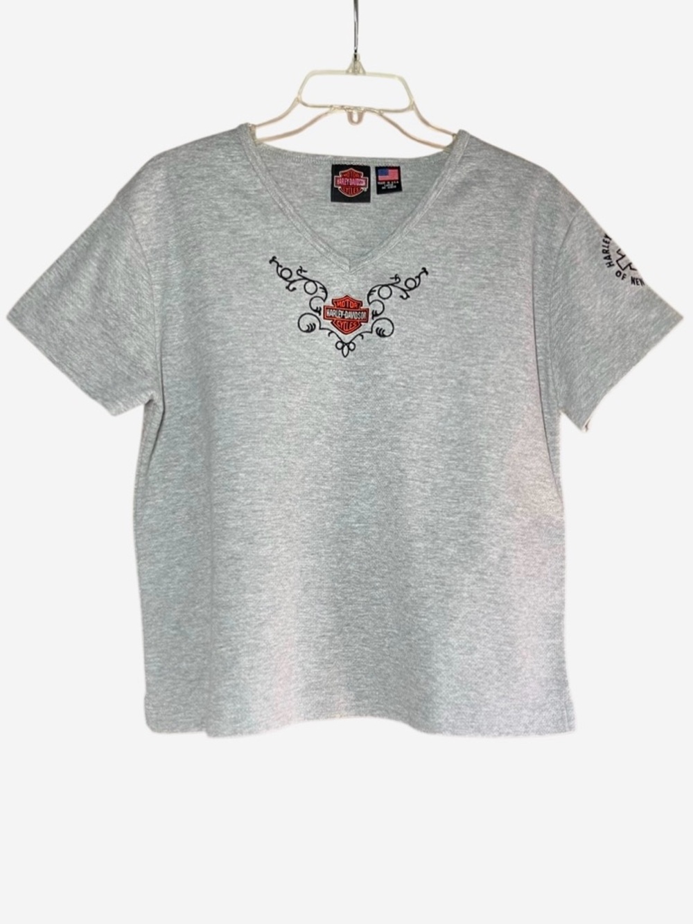 Harley Davidson Embroidered V Neck Knit Top in Grey/Orange/Black Womens L